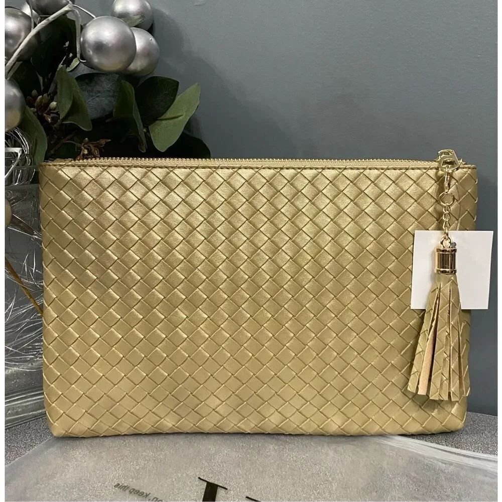 Virginia Wolf Gold Metallic Pouch Purse Clutch Msrp $88